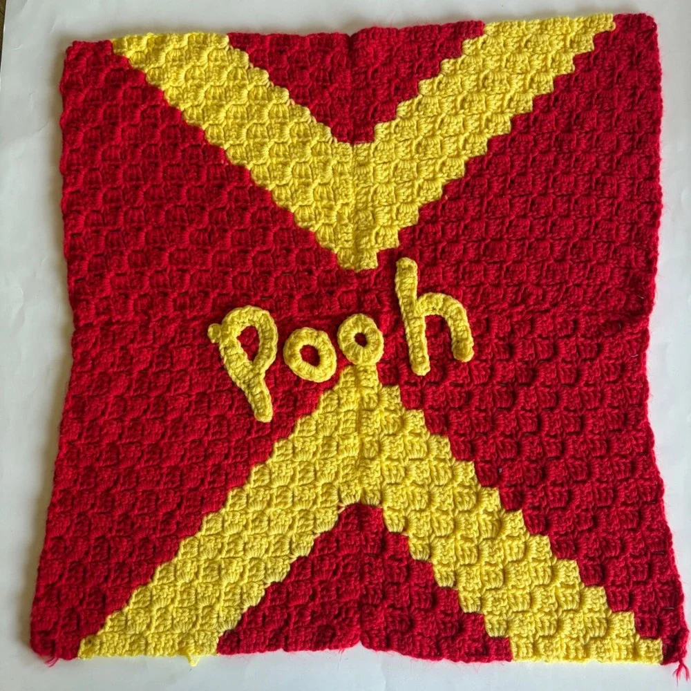Handmade Winnie the Pooh Crochet Blanket Square Red Yellow Nursery Decor 24
